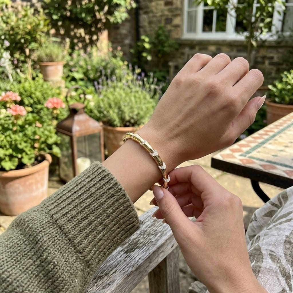 Customer wearing a Belle Oro pave bangle